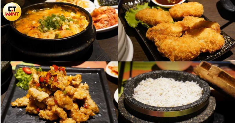 海陸綜合嫩豆腐煲（左上起順時針）、巨濟島炸牡蠣、吻仔魚石鍋飯、韓國糖醋肉等都是四人套餐美味亮點。